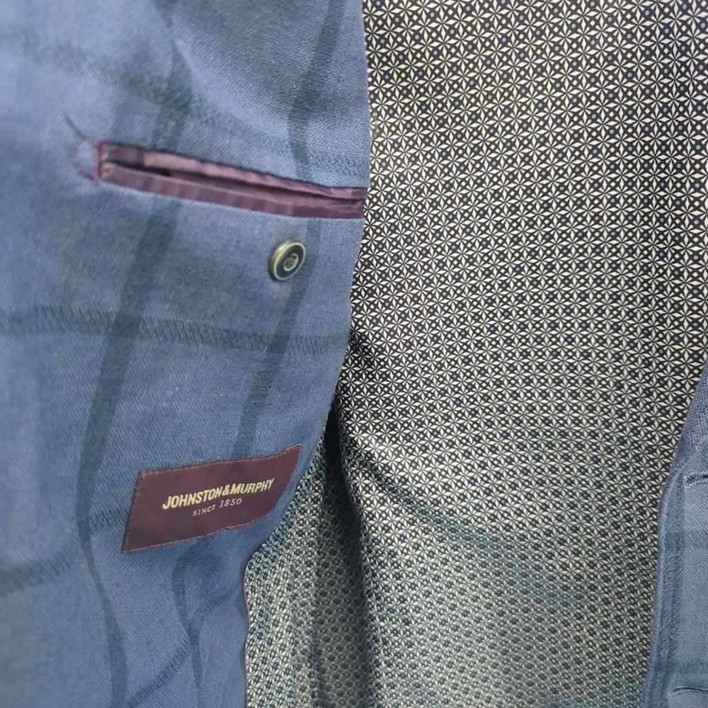 Johnston & Murphy Linen Blend Sport Coat Blazer Blue Windowpane Men's Medium - Picture 10 of 15